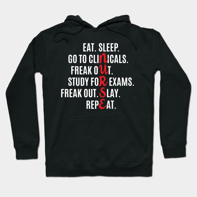 Funny Nurse Eat Sleep Go To Clinicals Freak Out Study For Exams Repeat T Shirt Hoodie by klimentina